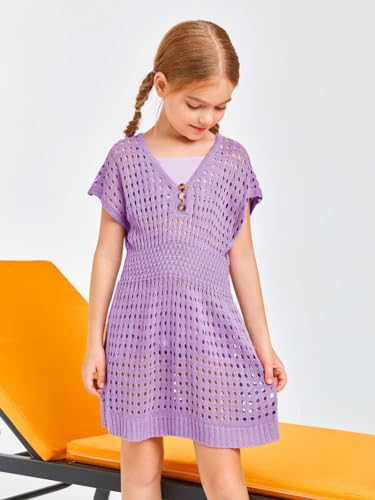Image of Haloumoning Girls Crochet Swim Beach Cover Up Kids Fashion Button Short Sleeve Swimsuits Cover Ups 5-14 Years