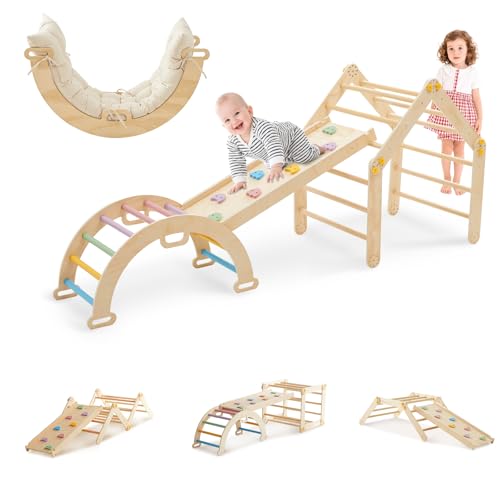 DENMOSTY Montessori Klettergerüst Indoor ab 1 Jahr - 7-in-1 Kletterdreieck mit Rutsche, Kletterbogen mit Kissen, Pikler Dreieck Klettern Kinder, Holz Indoor Spielplatz Kletterspielzeug für Baby