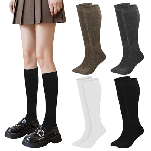 Soleeya 4 Pares Calcetines Hasta la Rodilla de Algodón para Mujer 35-38 Suaves Elásticos Altos Calcetines Largos Mujer Casual Primavera, Otoño, Invierno (4 colores)