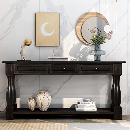 Merax Lumisol 64 Inch Long Console Table With 3 Drawers And Bottom Shelf, Sofa Table Entryway Table For Hallway, Living Room, Easy Assembly (Distressed Black) #TOP1
