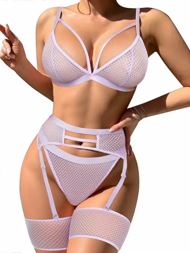 Image of popiv Women's Sexy Lingerie Set with Garter Belt Matching Bra and Panty Lingeries Sets 4 Piece