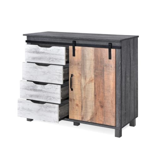 Image of Driftwood Engineered Wood Storage Cabinet | Industrial Cabinet with 4 Drawers, Sliding Door & Shelves | Multi-Purpose Organizer for Living Room, Bedroom & Office | Grey & Rustic Oak Finish