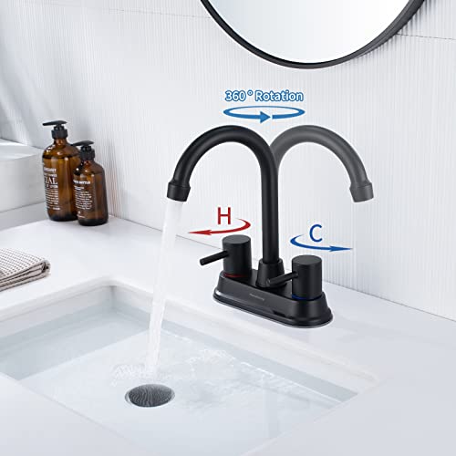 4 Inch Centerset Black Bathroom Faucet, 2 Handle Lead-Free Faucet For Bathroom Sink 2~3 Hole,360 Swivel Spout Rv Bathroom Vanity Sink Faucet With Pop Up Drain,Matte Black #TOP4