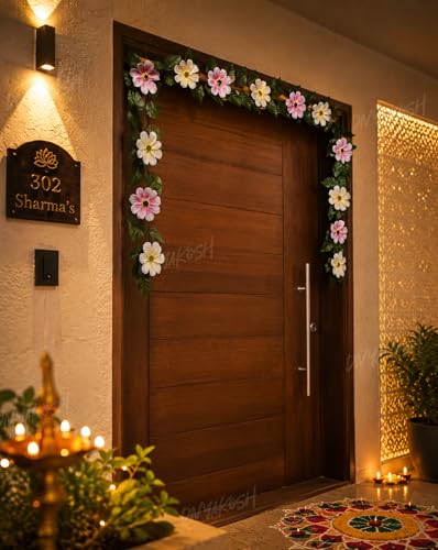 Image of Divyakosh Mango Leaf Vine /Creeper (6.5 Ft) with Cosmos Flowers for Door Entrance Decor | Artificial Flowers Garland,Thoran | Festive Puja Wall Hanging for Diwali Navratri Ganpati Home Decor