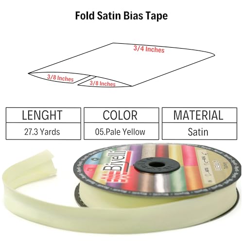 Image of Fold Satin Bias Tape - 99+ Colors - 3 /4 Inches Wide - 27 Yards - Fold Satin Binding Bias Ribbon Fabric Piping Bias Binding Tape for Sewing Clothing DIY (05. Pale Yellow) BYS05