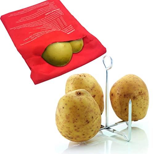 Potato Baking Rods and Microwave Potato Cooker Bag Set,Baked Perfect Potatoes Quickly with Reusable 4pongs Spud Spikes n Potato Baked Bag