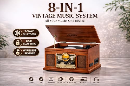 Image of Hiniso 8-in-1 Vinyl Record Player Turntable with 2-Way Bluetooth in /Out, Wireless Remote, CD & Cassette Player, USB /SD Recording | Convert Vinyl /CD /Cassette to MP3 | Built-in Speakers, FM Radio