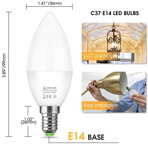 LOHAS-LED E14 LED Candle Lights, 3W C37 Small Edison Screw Light Bulb, 25W Incandescent Bulb Equivalent, 3000K Warm White, Non-Dimmable, 300LM, 180°Beam Angle, 220-240V, Pack of 6