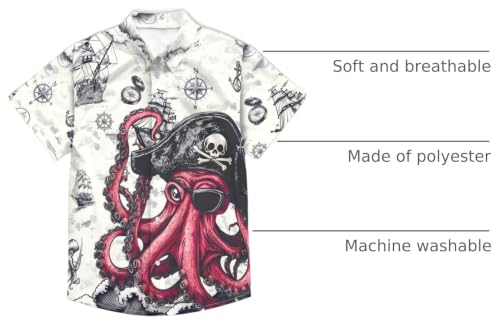 Image of THE PIRATE KING Funny Pirate Hawaiian Shirt Boys Girls Beach Tropical Casual Short Sleeve Button Down Shirt for 5-14 Years