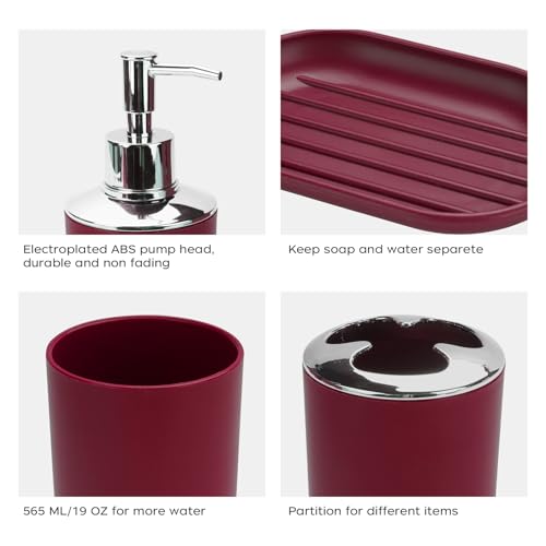 4 Pcs Burgundy Bathroom Accessories Set,Bohemian Bathroom Toothbrush Holder Set.Include Soap Dispenser, Soap Dish, Toothbrush Holder, Mouthwash Cup, Modern Bahtroom Decor Set - Thumbnail 5