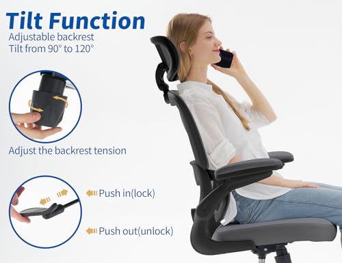 Image of TRALT Ergonomic Office Chair - Desk Chair with Adjustable Headrest Lumbar Support Computer Chair - Mesh Comfy Chair with Flip-up Armrests - Gaming Chairs for Adults Home Office (Leather, Dark Grey)