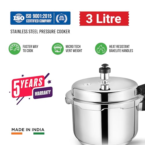 Image of 3 Litres Pressure Cooker | Outer Lid | Stainless Steel | Induction & Gas Stove Compatible | ISI Certified | 5 Years Manufacturer's Warranty