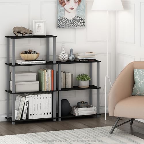 Image of Furinno TURN-S-TUBE Storage Shelves Set of 2, 3-Tier Book Shelf, Corner Shelf, Toolless Open Shelves, Square Tubes, for Organization and Storage, Living Room, Garage, Home Office, Black