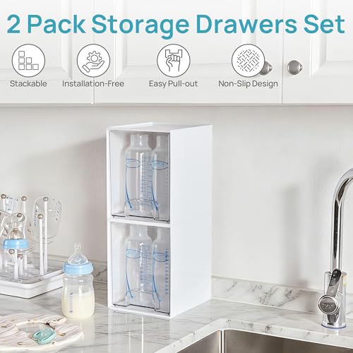 Image of Vtopmart 2 Pack Stackable Storage Drawers, Plastic Organizers Bins for Baby Bottles, Skincare, Beauty Supplies, Ideal for Vanity, Bathroom, Kitchen Countertop, Cabinet Orga