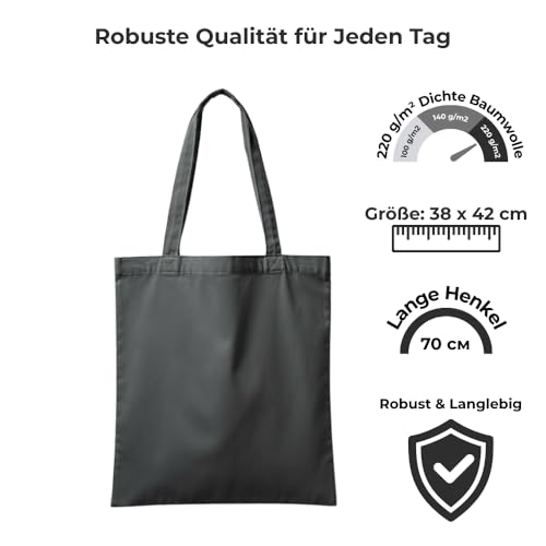 POLHIM® Robuster Stoffbeutel Grau 220g/m² (2 Stück) - Schwere Baumwolltasche mit langen Henkeln - Extra Stabile Graue Einkaufstasche im 2er Pack, 38x42 cm
