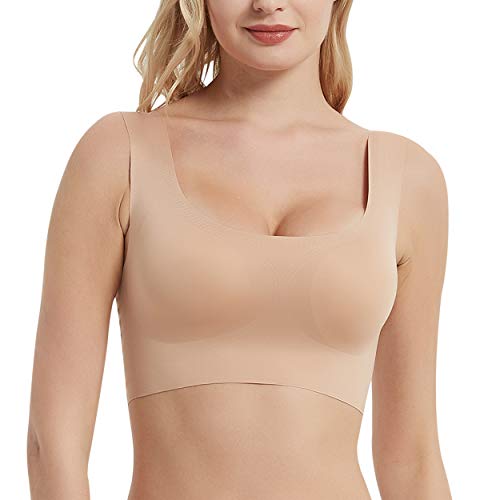 Bun Large Women's Comfort Wirefree Bra, Fashion Seamless Pullover Bra Invisibles Lightly Lined U Neck Bralette Yoga Bra Scoop Neck Sleep Bralette Tank Tops Fitness Everyday Bra 1 Pack, Nude, XL