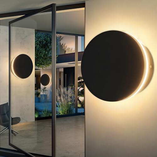 Image of Modern Round Outdoor Wall Sconce, 12W LED Wall Light 3000K Warm White, Black Aluminum Waterproof Exterior Light Fixture, Wall Mount Sconces for Porch, Entryway, Doorway and Indoor