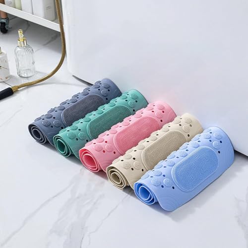 Image of VHKD PVC Bathroom Door Bath mat Anti Slip Skid with Foot Scrubber for Room Shower Suction Cups Drain Holes Silicone Floor mat Rectangle (Blue) 70x35cm