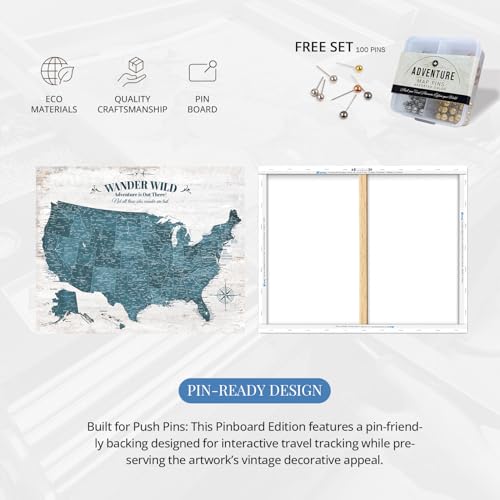 Image of IPIC - Antique Blue USA Travel Map, Pin Board Canvas Wall Art, Travel Map with Pins Included, Ready to Hang for Home or Office, 30x24 Inch