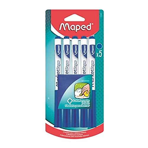 Maped - 5 Feutres effaçables à Sec Marker’Peps + 1 Chiffonnette - Feutres pour Ardoise et Tableau Blanc - Marqueurs non Permanents bleus - Pointe Medium 1, 5 mm