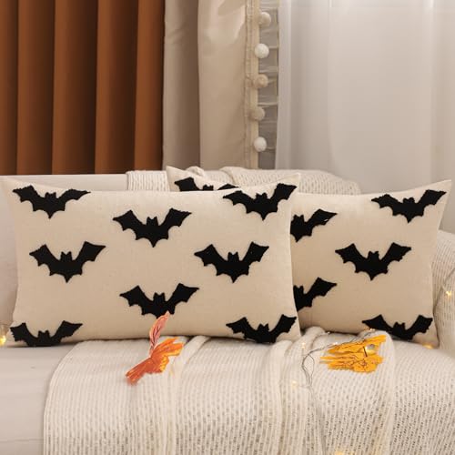 Tosleo Halloween Throw Pillow Covers 12x20 inch Set of 2 Black 3D Bats Embroidery Pillow Cases Thanksgiving Holiday Cushions Covers Home Party Fall Decor Pillowcases Lumbar Cushion Covers
