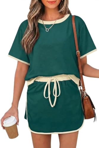Opemiby Fashion Summer Two Piece Set Crewneck Tshirt and Short Sets Minimalist Design No Pockets Cruise Outfit for Going Out Polished Brunch Coffee Beach Vacation Travel Airport Evergreen M