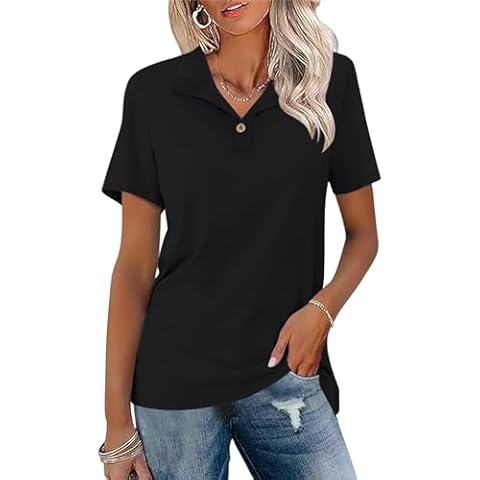 Ivicoer Button Down Polo Shirt Black V Neck T Shirts Cute Collared Blouses Work Tunic Tops Summer Clothes for Women Dressy Casual XL Cover