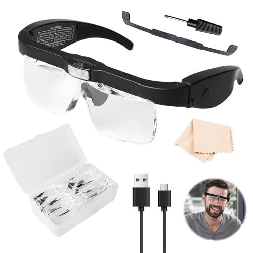 Lupenbrille mit Licht LED Kopfbandlupe USB Wiederaufladbare Beleuchtete Lupe, Kopflupe Stirnlupe Brillenlupe mit 3 LED Licht, 5 Linsen 150D 250D 2.0X 3.0X 4.0X