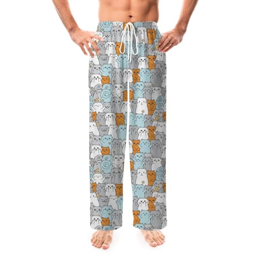 Pantalones de pijama para hombre, varios tamaños, divertidos pijamas para hombre con bolsillos, figuras de gato azul cielo, pantalones de pijama para hombre, pantalones de descanso ajustables con