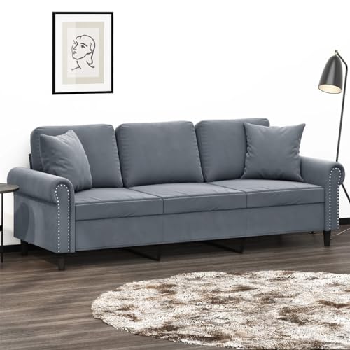 SooIarix Sofá de 3 plazas gris oscuro de 180 cm, tela de terciopelo, estructura metálica, con 2 cojines decorativos para salón, máx. 330 kg