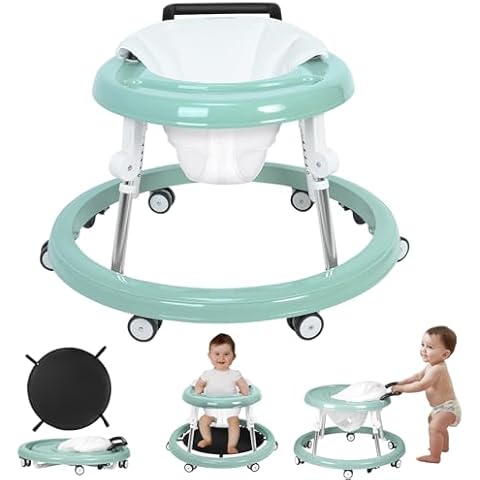HARPPA Foldable Baby Walker with Wheels and Anti-Rollover, Sit to Stand Entertainment for Boys and Girls 7-18 Months, 5-Position Height Adjustable,Green Cover
