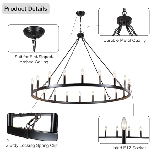 Image of 20-Lights Black Wagon Wheel Chandelier 48 inch Industrial Hanging Light Fixture for Dining Room Farmhouse Round Chandeliers for Living Room Foyer Hallway Kitchen Island Entryway