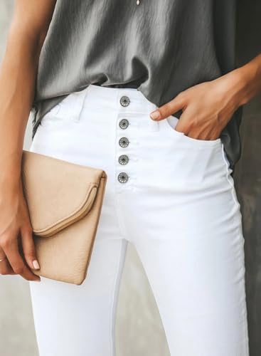 Sidefeel Women's White Jeans High Waisted Skinny Button Fly Raw Hem Elegant Denim Pants4