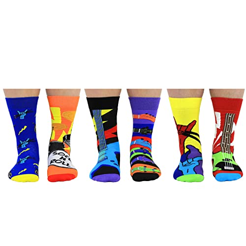 United Oddsocks Sock 'n' Roll Odd Socks Gift Box – 6 Colourful Rock Music-Themed Odd Socks for Men – UK 6–11, EUR 39–46, US 7–12 – Fun Cotton-Rich Socks in Guitar, Drums & Band Styles