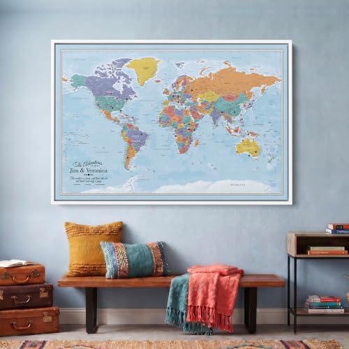 Image of Blue Oceans World Push Pin Map Canvas - Personalized Travel Gift - Framed Wall Decor - White Float Frame - 30 inch x 45 inch