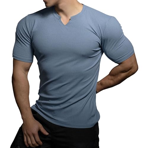 VgueElegc V-Neck Bodybuilding Workout Tee Muscle Basic Soft Cotton Short Sleeve T-Shirts Casual Slim Fit V Neck T Shirts (Light Blue,XX-Large)
