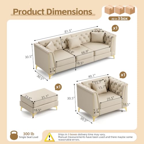 Image of KEIKI 2-Piece Chesterfield Sofa Set with Handmade Button Tufted, Beige