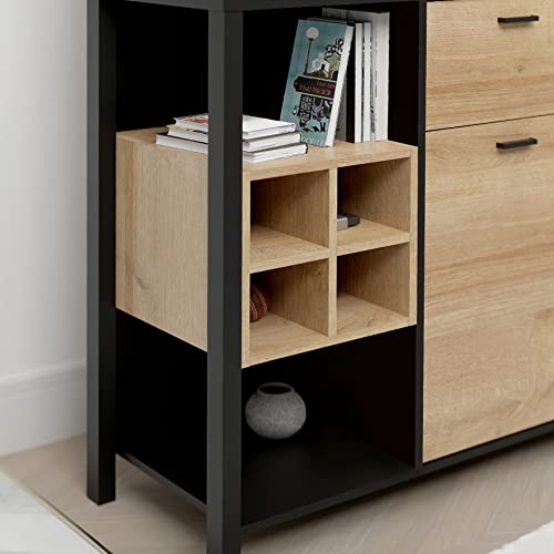 Mueble de entrada con revestimiento de roble y negro con múltiples almacenamiento y espejo - Moda