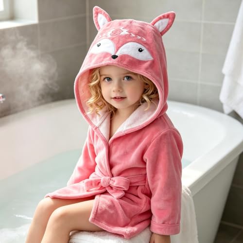 Image of Fox Baby Girl Bathrobes Cute Girl's Robe With Hood Pink Towel For Girls Soft Hooded Ultra Absorbent (Pink Fox)