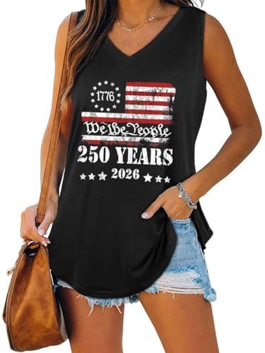 Fccossa V Neck Patriotic Tank Tops for Women 4th of July 250th Years Flag USA Graphic Cami Shirts Summer Tops Tee(A-black02 Large)