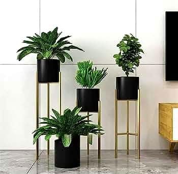 Chromix Modern Iron Metal Plant Indoor Outdoor Stand With Pot Planter Decorative flower display Sleek garden Patio balcony decor rack accessory Urban Space-saving ( Pack of 3 ) (Black)