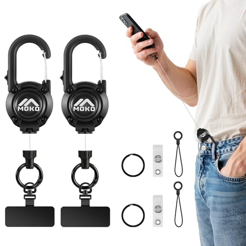 MoKo 2Pack Anti-theft Phone Tether Lanyard Retractable & Lockable Steel Line Anti-Drop Phone Strap with 360 Tether Tab Badge Reel Keychain for Skiing Hiking Climbing Fishing Cycling Black