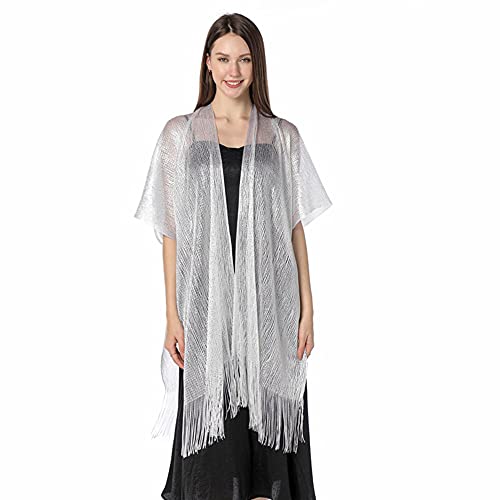 Old DIrd Shiny Shawl Shiny Gold and Silver Silk Shawl and Wrap Split Tassel Shawl Evening Dress Shawl Wedding Shawl White