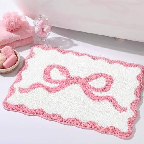 Tinideya Pink Bow Bathroom Rug 16" x 24" Scalloped Bow Bath Mat N...
