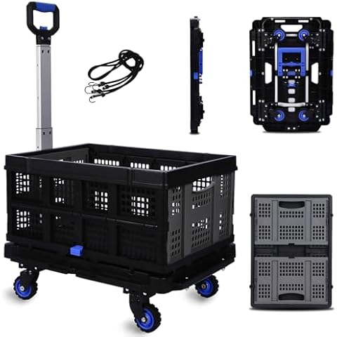 XCBYT 2 in 1 Folding Hand Truck Dolly Cart with Basket Heavy Duty 330 LBS Utility Foldable Dolly Platform Trucks with 4 Wheels & 2 Elastic Ropes Retractable Handle for Moving Cover