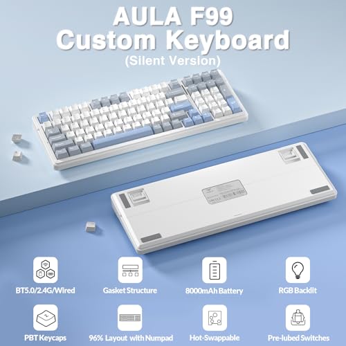 Image of AULA F99 Wireless Mechanical Keyboard-Silent Version,Triple-Mode(BT5.0 /2.4GHz /USB-C),Gasket Mounted,Hot Swappable Keyboard with Pre-lubed Linear Switches,RGB Backlit PC Gaming Keyboards for Win /Mac