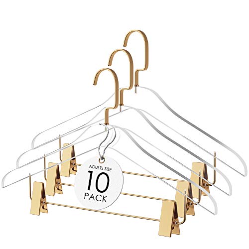Elavain Acrylic Clip Hanger | Sleek, Modern Skirt Hanger With Gold Hook | High End Closest Organizer Space Saving Hangers For Skirts, Jeans, Pants & More | 10 Pack #TOP12
