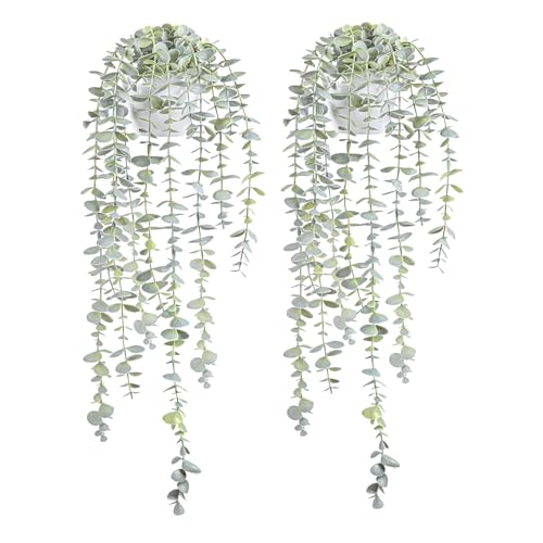 BACAMA Dekorative Hängepflanzen für Regal, künstlicher Efeu, Eukalyptusrebe, künstliches Grün in weißem Topf (Hellgrün, 2 Stück)