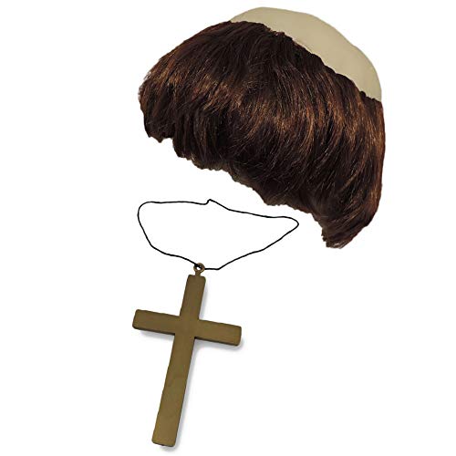 Monk Tonsure Wig & Giant Gold Plastic Priest Cross Crucifix