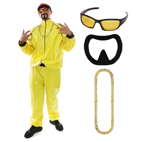 Disfraz de Ali G para adultos, talla S, traje amarillo y negro + sombrero rojo + gafas de sol + cadena dorada + barba negra – divertido disfraz de raperos de los años 90 para Halloween